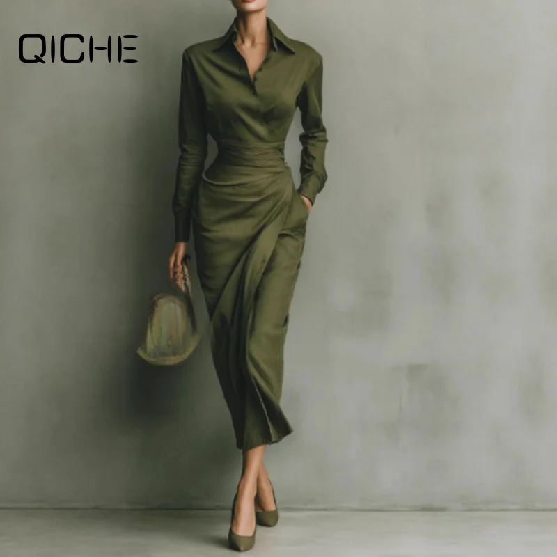 QICHE 2026 Fall New Women Slim Long Sleeve Dress, Elegant Shirt Collar Midi Maxi Dress For Daily Party