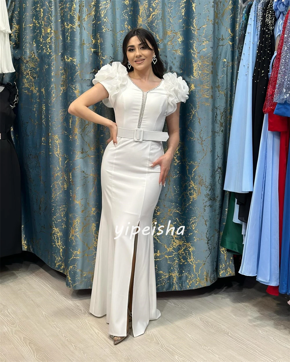 Personalizado jérsei lantejoulas faixa ruched formatura a linha com decote em v vestido de ocasião sob medida vestidos longos