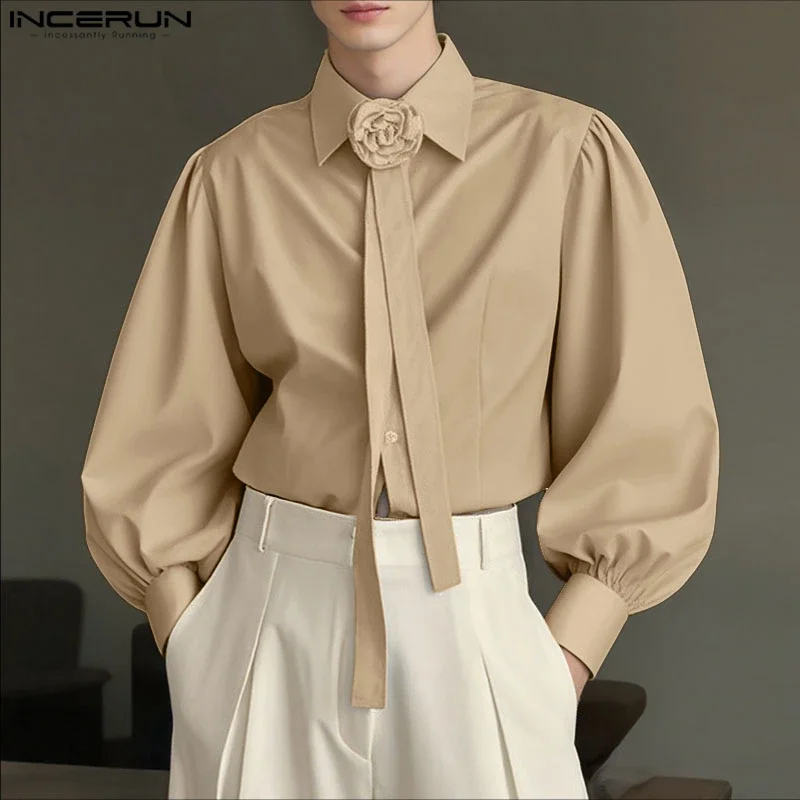 

INCERUN Men Shirt Flower Solid Color Lapel Long Sleeve Casual Men Clothing Loose Korean Style Fashion Streetwear Male Shirts