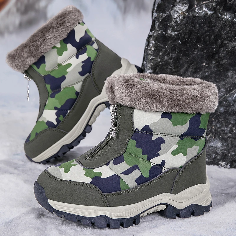 Stivali per bambini impermeabili e morbidi con cerniera mimetica, stivali da neve versatili, comodi e caldi ad alto legame