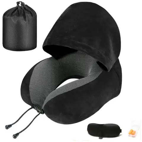 Travel Pillow, Neck Pillow for Travel with Hood for Airplane, Velvet Memory Foam Neck Pillow, 360° Head Support Sleep for Long Flight, Skin-Friendly & Breathable, Kit with 3D Contoured Eye Mask, Earplugs and Storage Bag