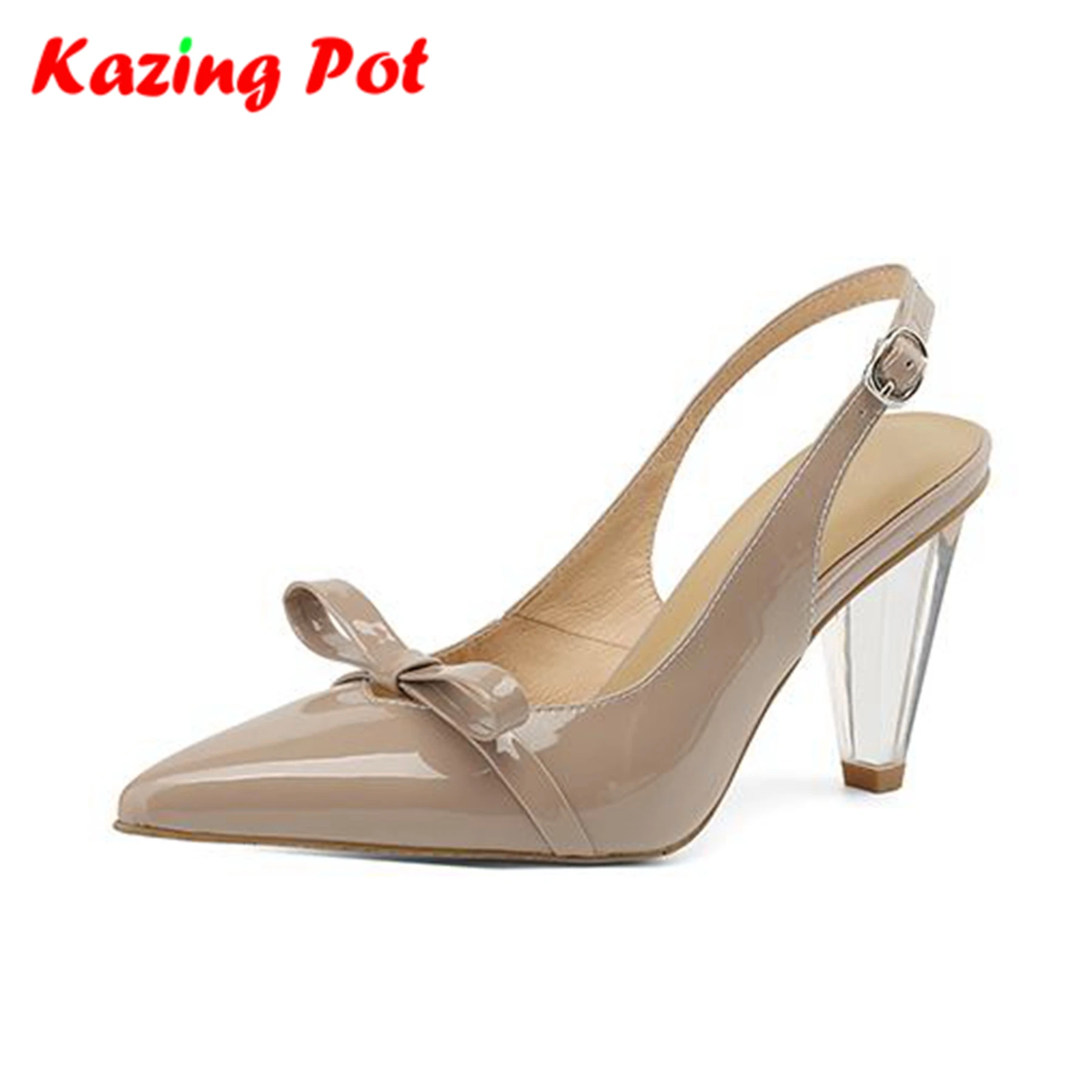 

Krazing Pot Genuine Leather Fashion Summer Shallow Pointed Toe Crystal Spike Heel Brand Buckle Straps Butterfly-knot Women Pumps