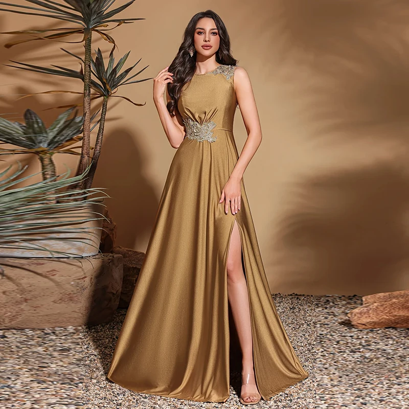 

Золотое вечернее платье без рукавов с кружевными аппликациями и высоким разрезом, атласное платье для выпускного вечера для свадебного гостя, элегантное вечернее платье