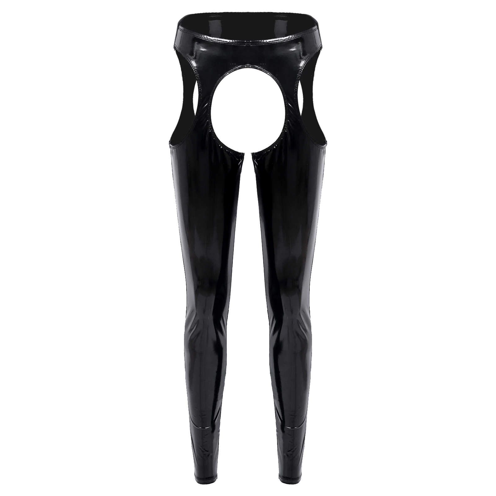 Womens Lingerie Hot Wet Look Patent Leather Cutout Leggings High Waist Crotchless Open Butt Sexy Glossy Skinny Pants Clubwear