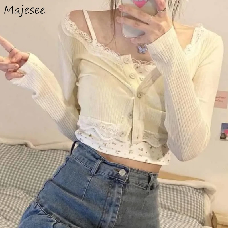 Sets Women Cardigan Slim Fit Fresh Style Elegant Tender Floral Camisole All-match Korean Fashion Aesthetic Spring Two-piece Ins