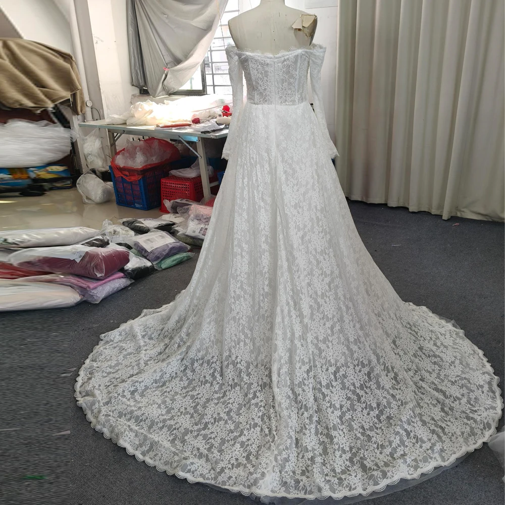 Robe de mariée en dentelle exquise personnalisée, épaules dénudées, ligne A, avec traîne de balayage, robes de mariée de jardin