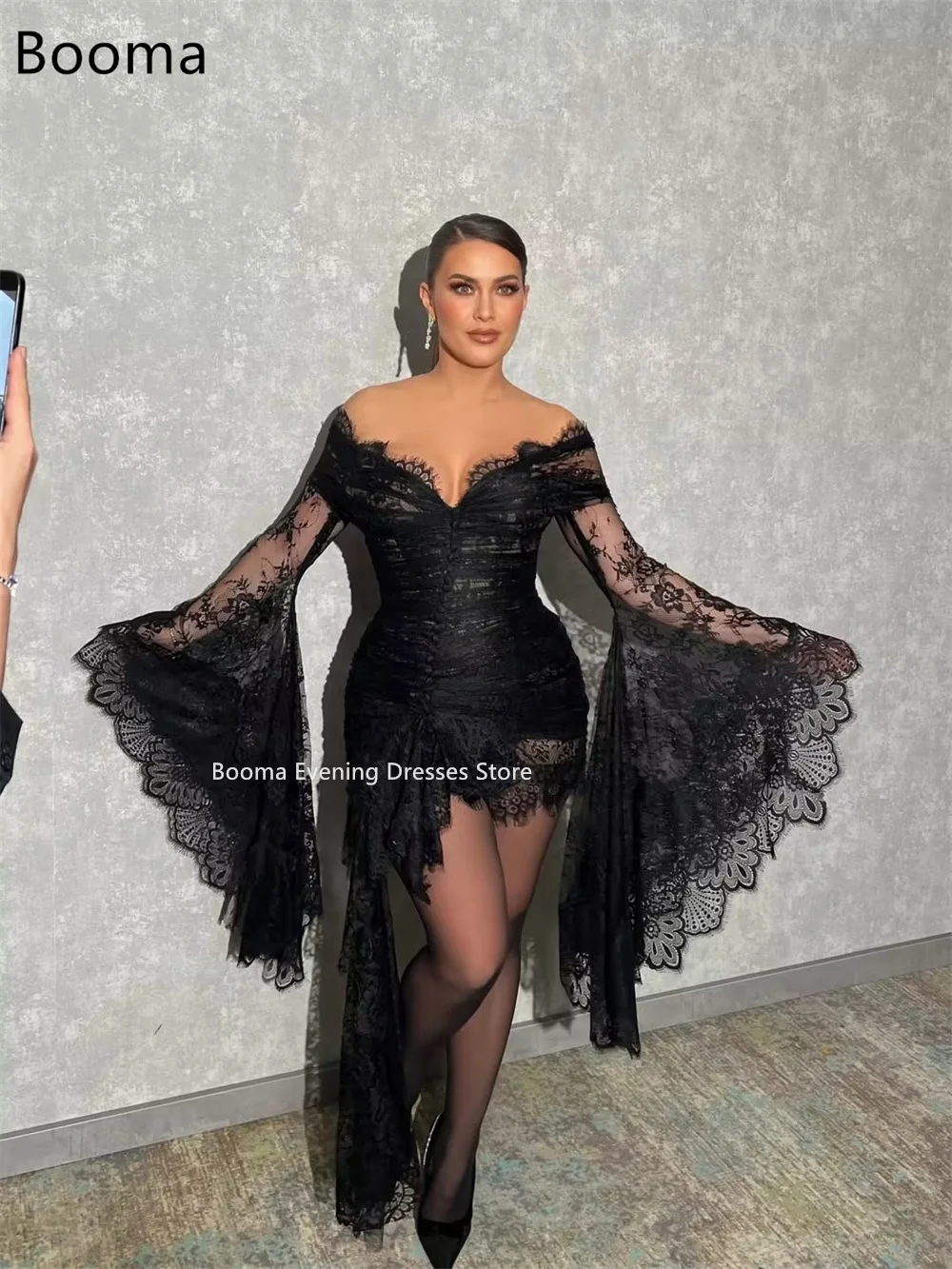 Booma Sexy A-lijn Uit De Schouder Kanten Jurken Formele Partij Jassen voor Vrouwen Mini Eenvoudige Plooi Prom Gown Aanpassen 2025