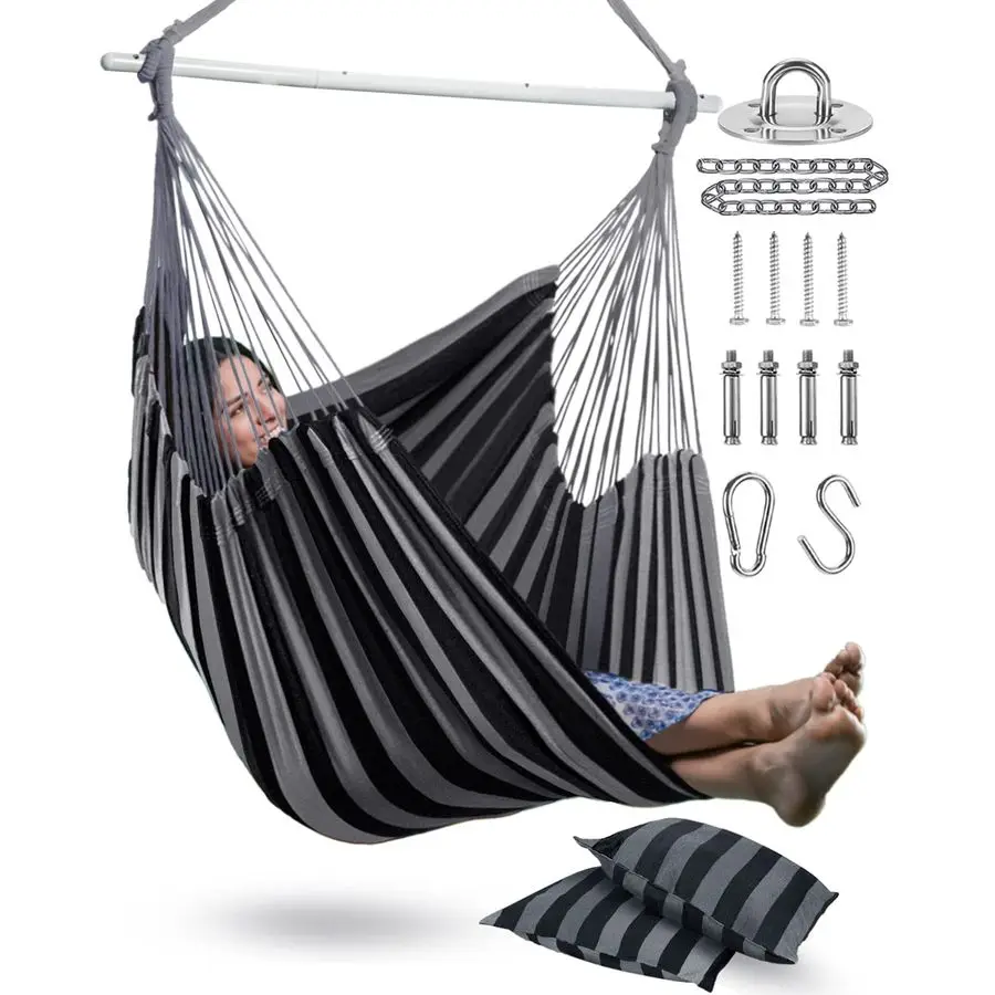 

Hammock Chair Hanging Rope Swing with 2 Cushions Max 500lbsPerfect for Patio, Porch, Bedroom, Backyard, Indoor or Outdoor Includ