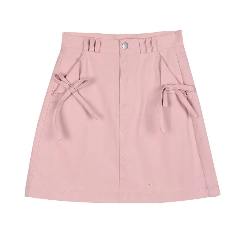 Denim Skirt Pink Bow Design 2024 Summer New Style Female Korean Version Sweet Little High Waist Slim A-Line Hip Skirt