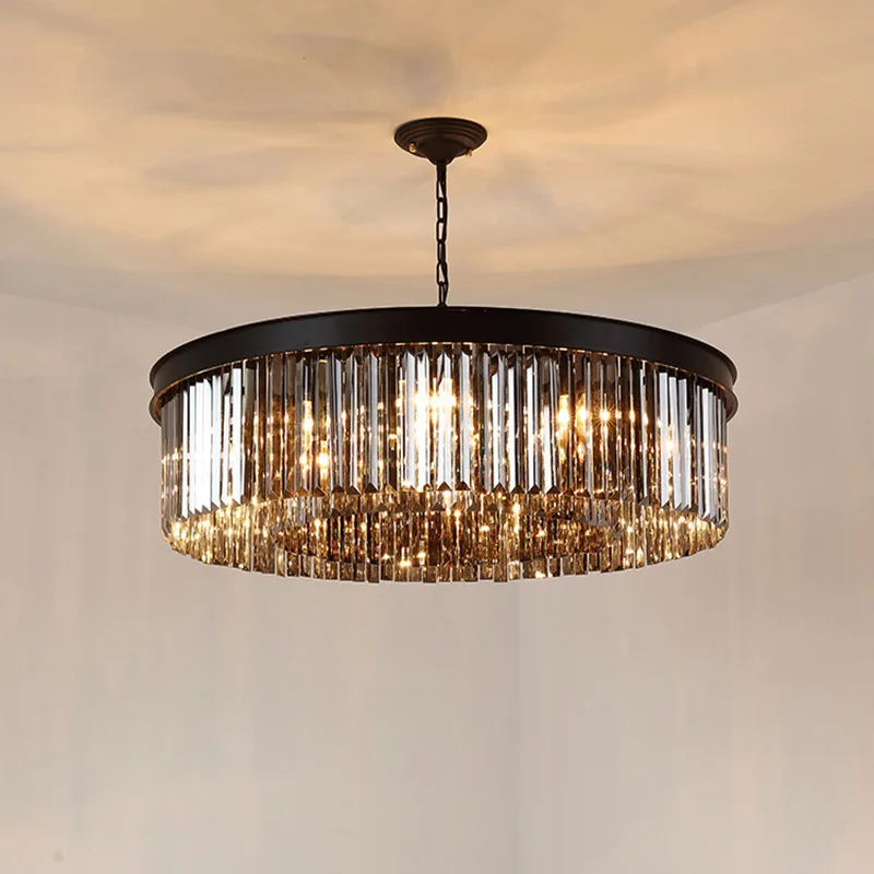 American Black Wrought Iron Crystal Chandelier for Living Room Dining Room Study Room Bedroom Transparent Crystal Light