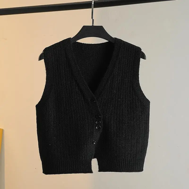 Hem Slit Design Buttoned Vest Knitted V-neck Vest Spring and Autumn Layered Cardigan Over-the-shoulder Sweater