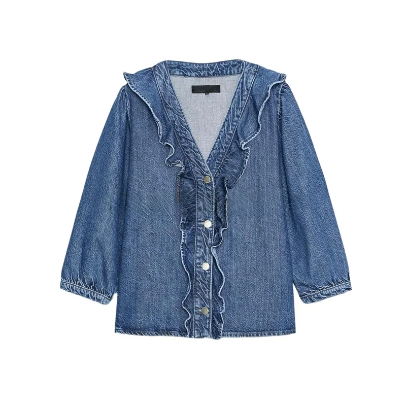 

Retro V-ne Long Sve Women's irt Floral Trim Denim Layered irt Autumn New Arrival Casual Loose Fit Polyester Fiber