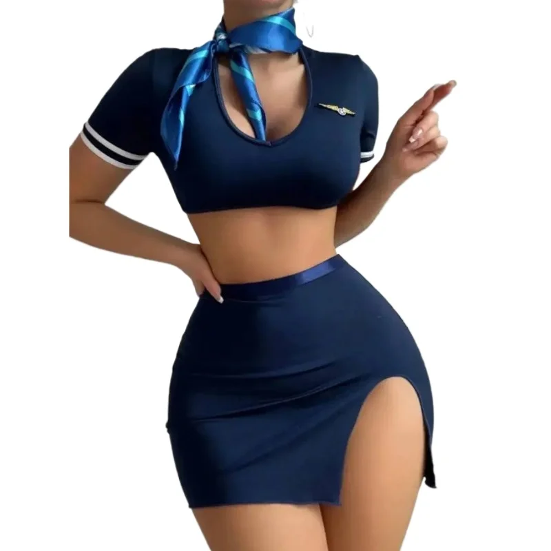 New Sexy Stewardess Bodycon Skirt Sets Pure Desire Role Play Uniform Sexy Short Sleeved Round Neck Skirt Sets Charming S60I