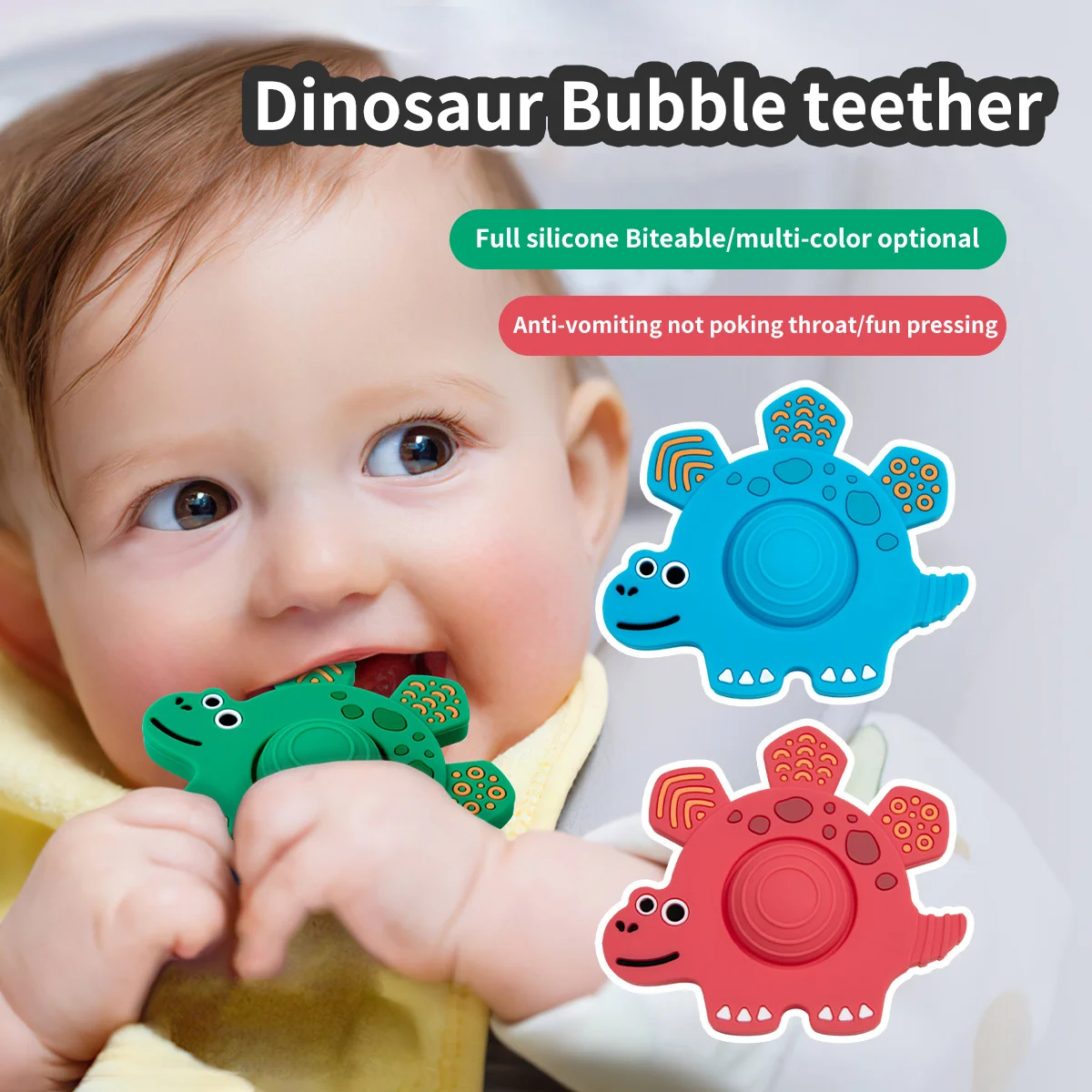 Baby Teething Dinosaur Toy, Silicone Chewable Music Toy with Bite Relief, Soothing Gum Massager for Infants