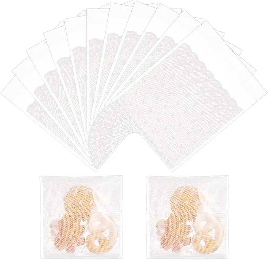 

200PCS Self Adhesive Printed Favor Bags 4x4 inch Small Treat Bags with Lace Pattern for Bakery Wedding Favors Cookies