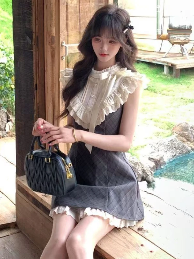 프랑스 빈티지 슬림 레이스 격자 무늬 드레스 여성 우아한 패션 달콤한 보우 민소매 드레스 여름 하라주쿠 세련된 스키니 새 의상