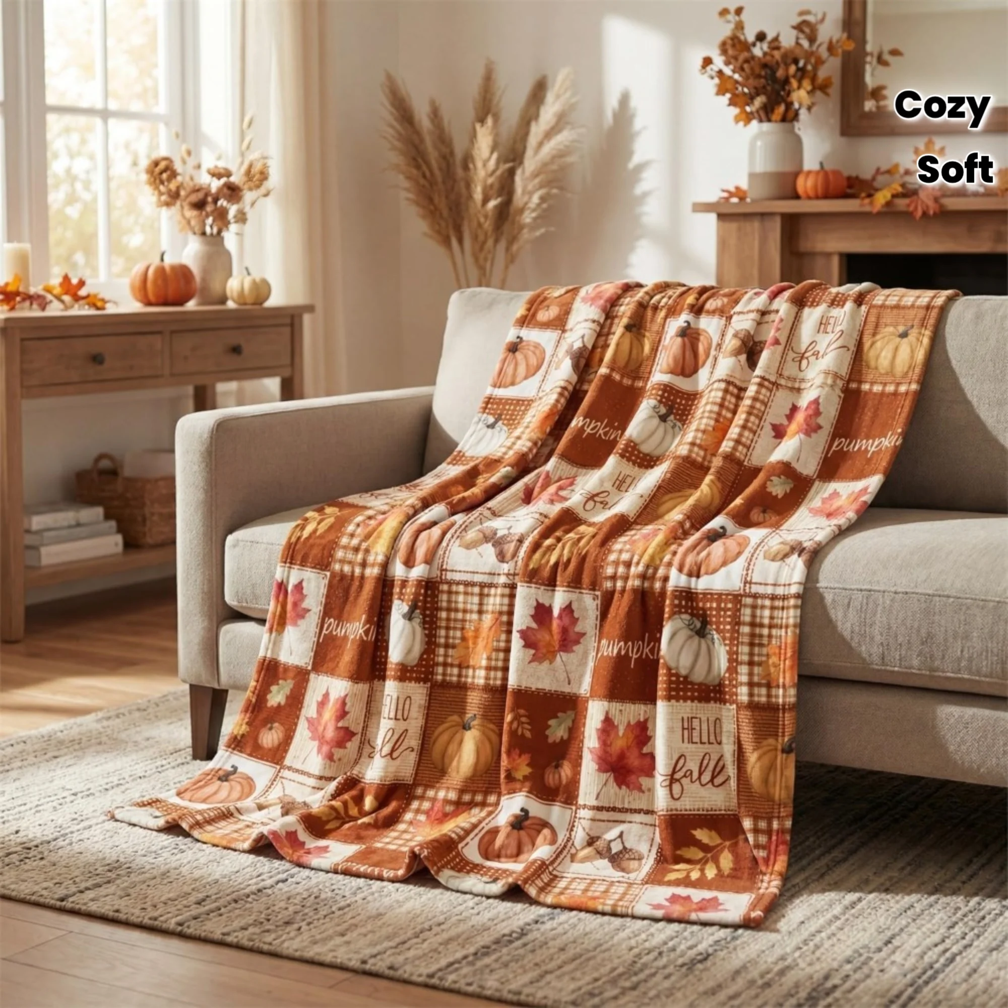 1pc, Autumn Flannel Blanket, Thanksgiving Orange-Brown Plaid Pumpkin Leaf Pattern, Single-Sided Printing, Soft Plush Comfortable