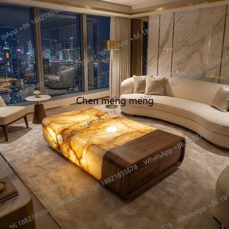 Natural luminous marble coffee table living room square modern large flat layer luxury stone light luxury villa