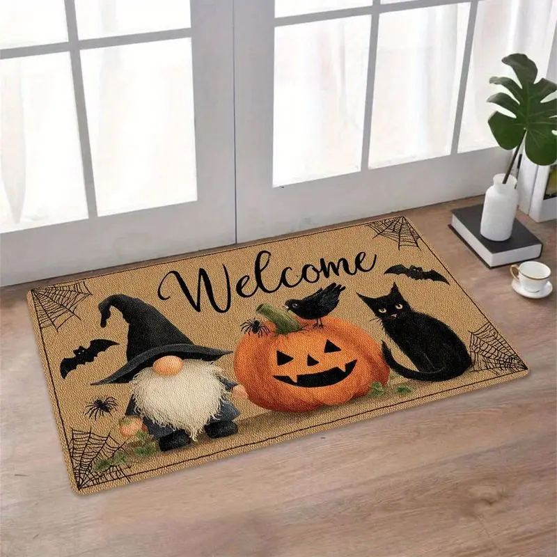 VIKAMA Vintage Gnome Pumpkin Doormat, Non-Slip, Absorbent American-Style Halloween Doormat, “Welcome” Entryway Rug, Home Decor