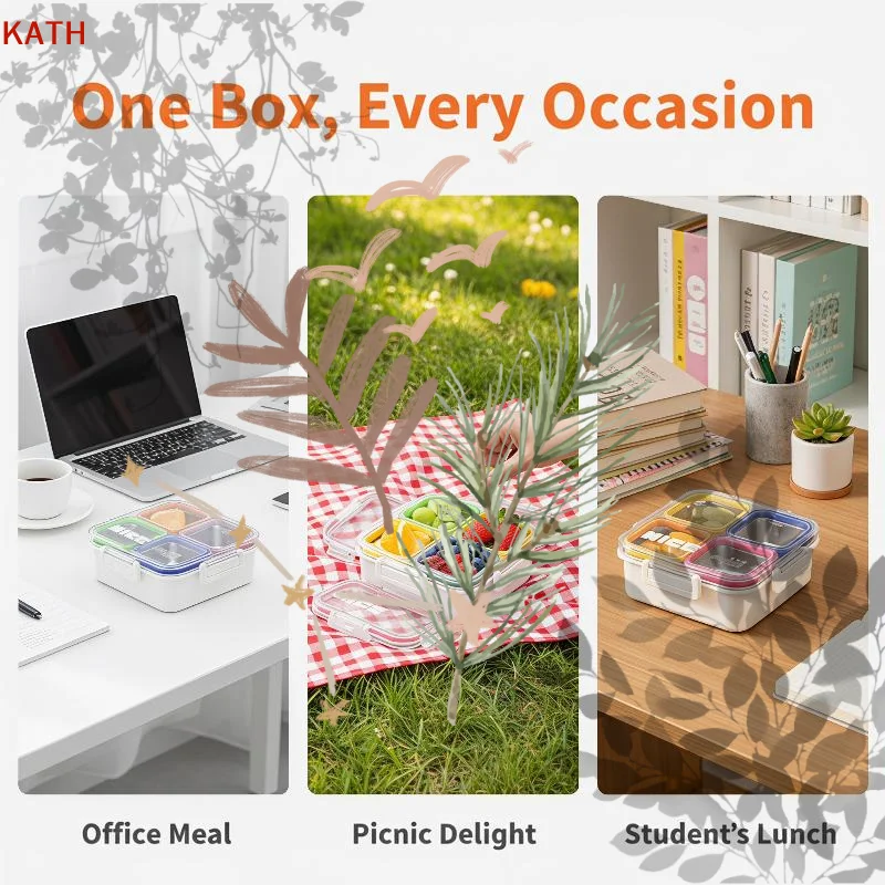 3/4Grid Lunch Box 304 Stainless Steel Sealed Snack: 1Pcs Leak-Proof Microwave-safe Container Office