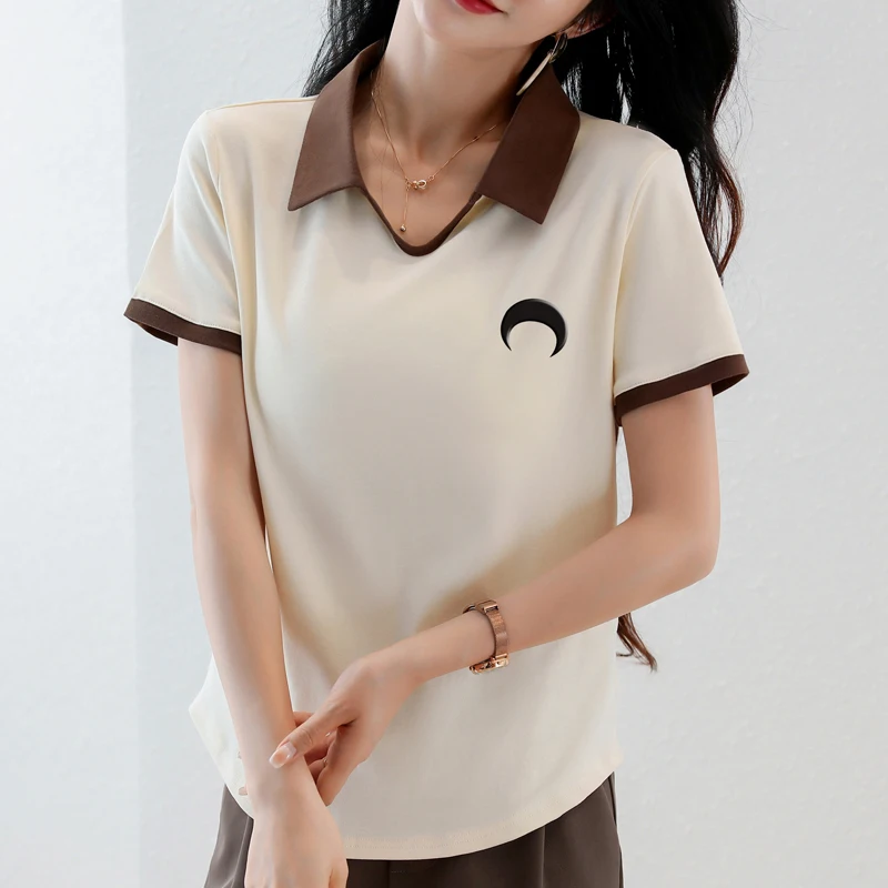 TuangBiang-Camiseta de algodón con bordado de Luna en 3D para mujer, blusa informal coreana con cuello tipo Polo de manga corta, Tops ajustados para mujer 2023