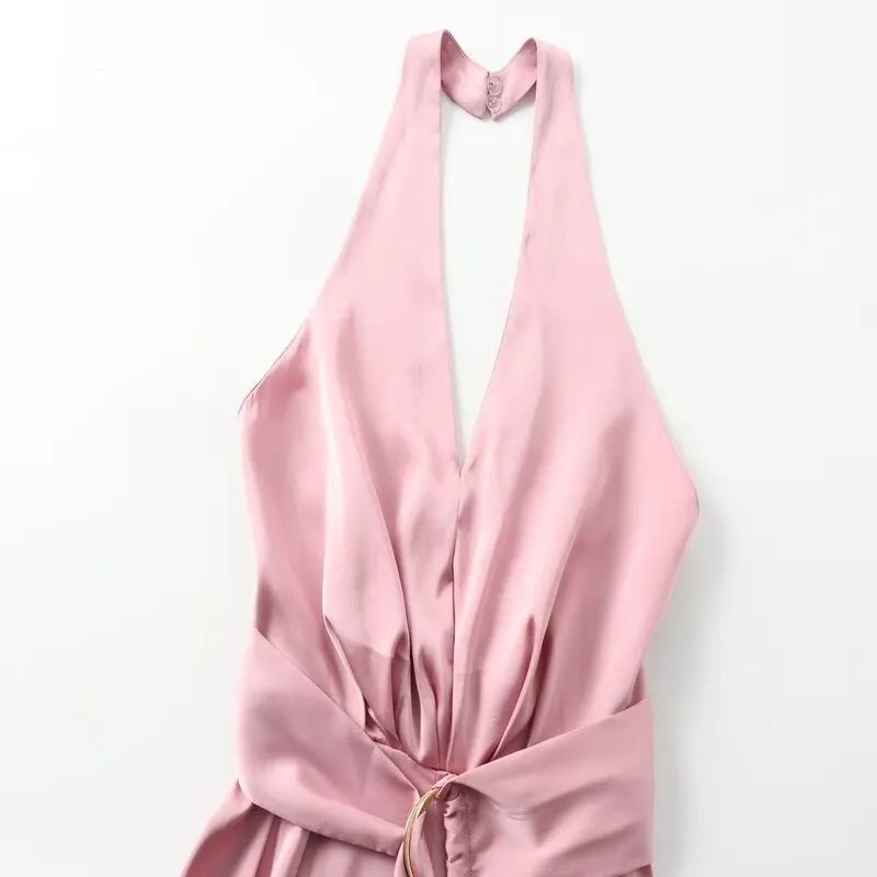 Summer 2024 Women's Design Sense Hanging Ne Strap Satin Effect Jumpsuit Long Pants Polyester mid Waist