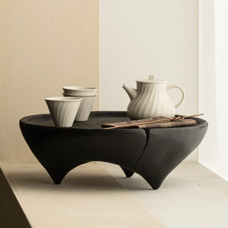 Carbonized wood small tea tray creative round dry brewing table household kung fu tea set storage tray tea set accessories