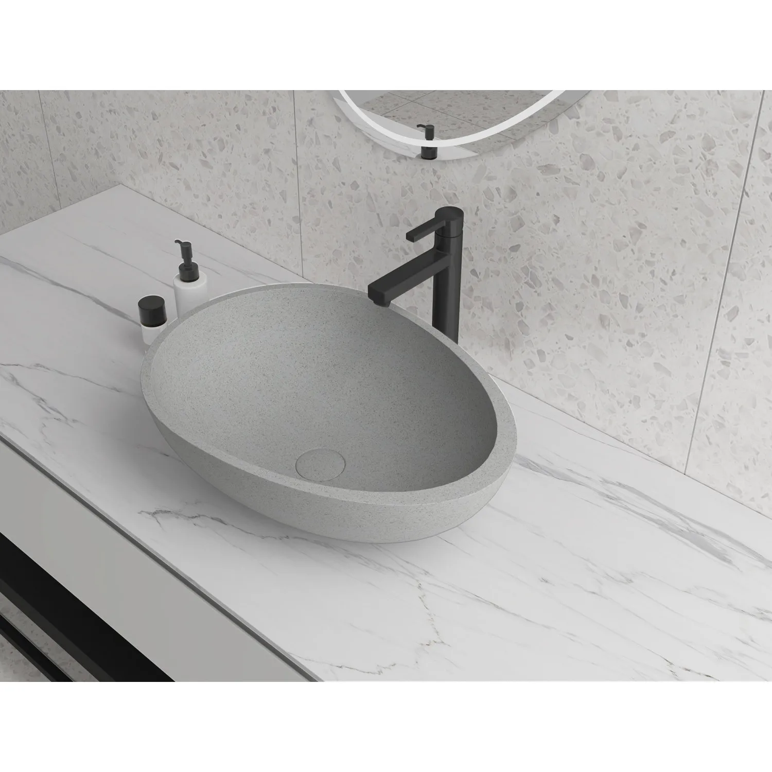 Egg shape Concrete Vessel Bathroom Sink Handmade Concreto Stone Basin Counter Freestanding Bathroom Vessel Sink in Grey without