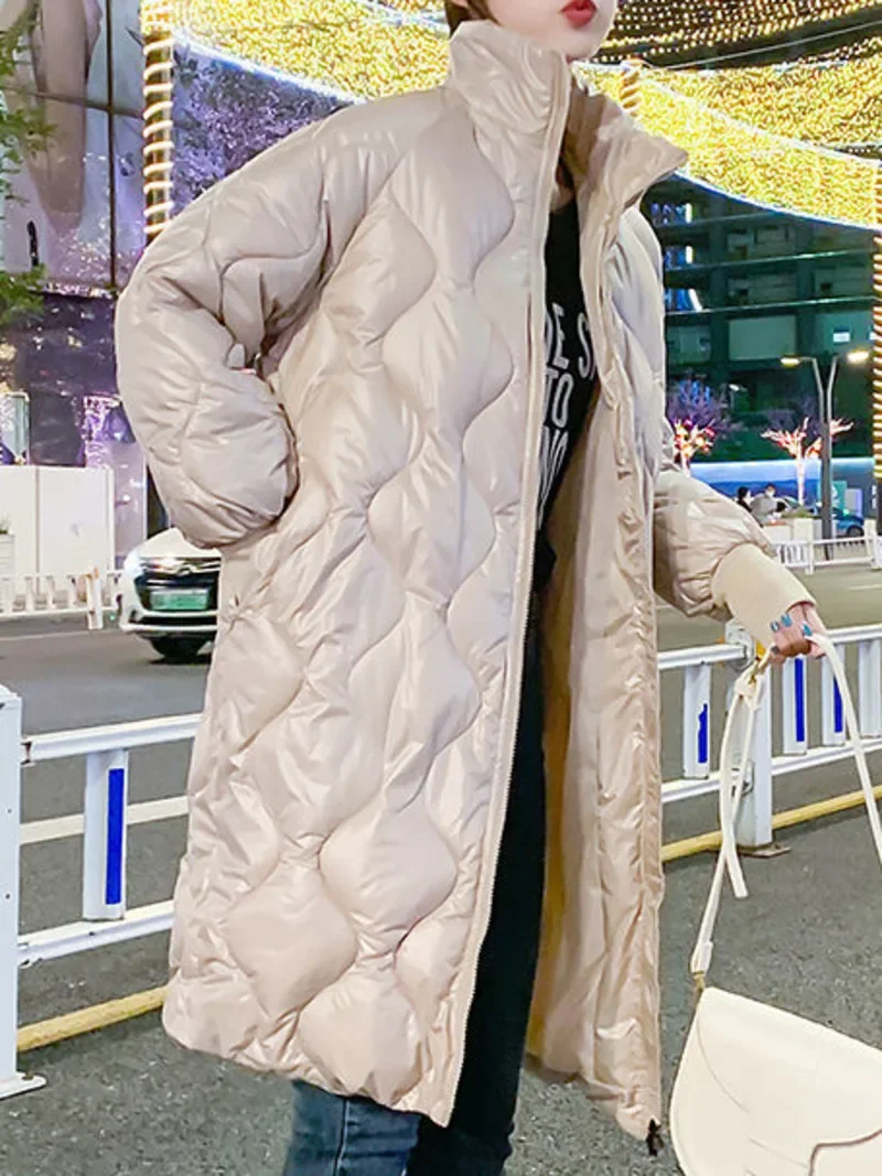 Abrigo largo por encima de la rodilla para mujer, Parka coreana con cuello de pie, Chaqueta brillante, invierno, 2022