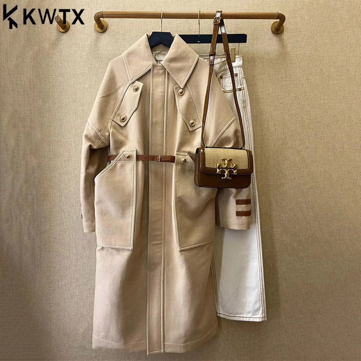 

KWTX 2025 Осенний женский плащ цвета хаки, повседневная куртка на молнии с поясом и карманами с лацканами, элегантная винтажная новая куртка высокого качества
