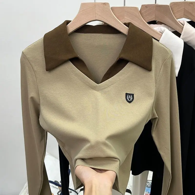 الغربية وهمية قطعتين بولو القمم الراقية قاع قمصان النساء طويلة الأكمام تي شيرت رقيقة الخريف الشتاء البلوفرات تنوعا