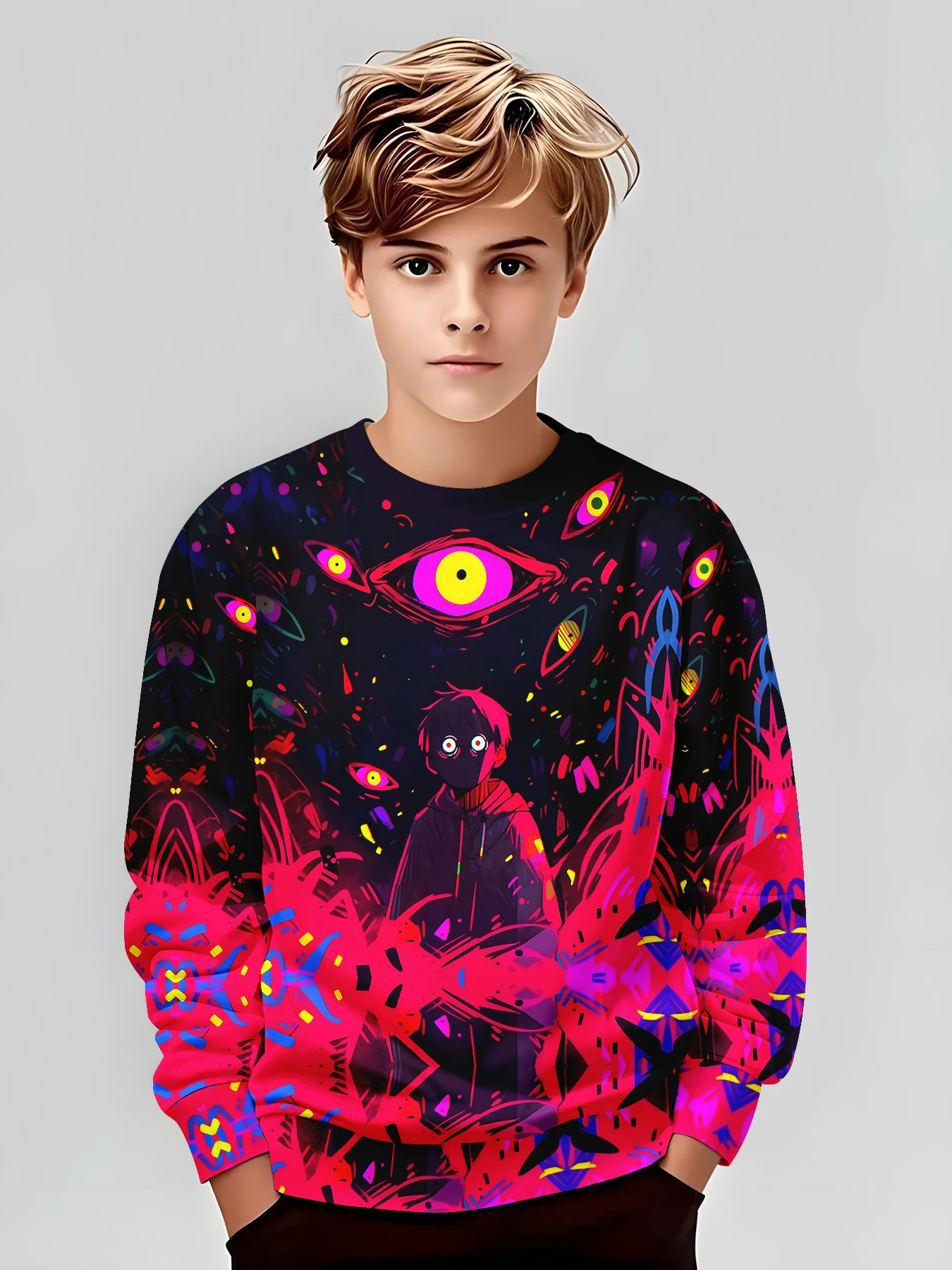 

Свитшот в стиле киберпанк с необычным принтом глаз, уличный стиль