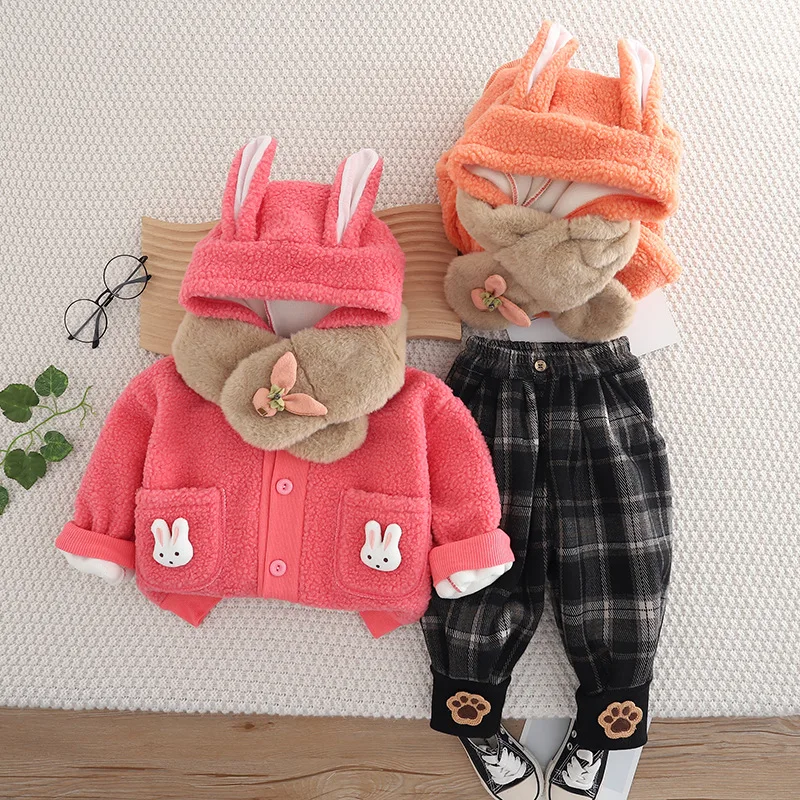 

2025 Winter Girls Fleece Hoodie & Scarf Set Rabbit Print Warm Plush Outfit Toddler Coat Pants Two-Piece Casual Thick Clothes