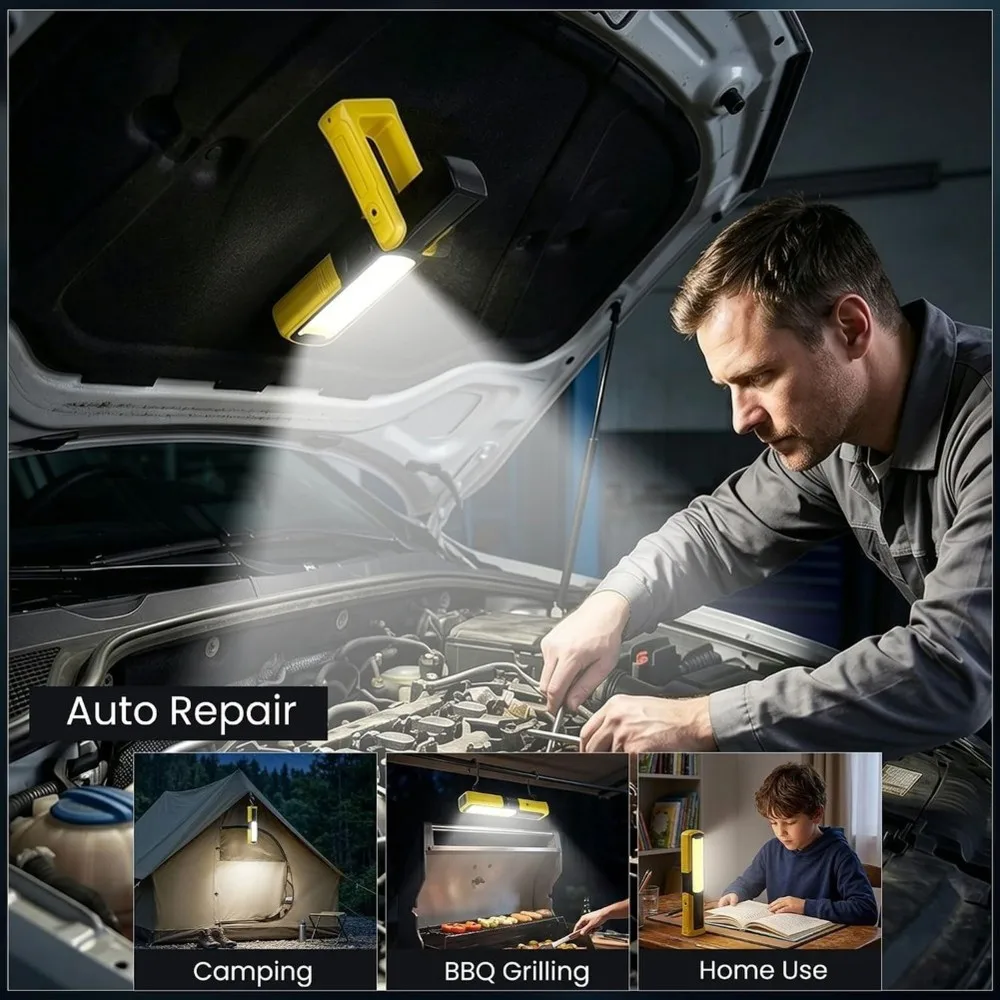 A02M-Magnetic Rechargeable Flashlight, LED Underhood Work Light For Mechanics 180° Rotating Base, Side Magnet, Hook