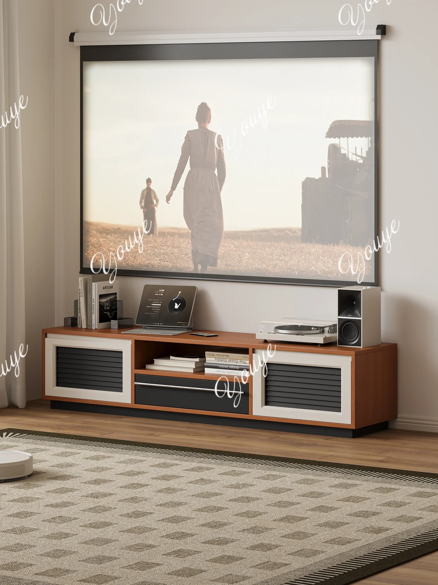 

Современный телевизионный шкаф N63 в теплых коричневых тонах с жалюзийными дверцами, универсальный настенный шкаф для гостиной с улучшенным хранением, боковой шкаф для хранения вещей.