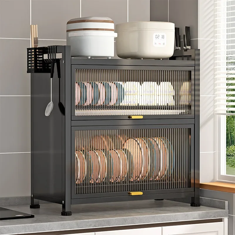 Kitchen cupboard storage box with door, dust-proof bowl rack, countertop, dish storage rack, chopsticks, dishes, drain rack