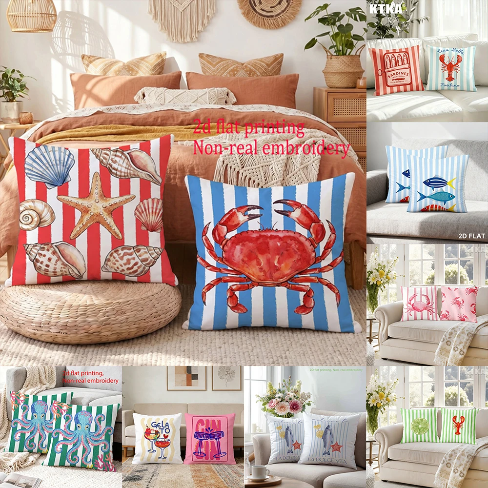 2D Flat-2pcs Coastal Nautical Throw Pillow Covers, Vintage Ocean Themed Decorative Cushion Cases for Home  Bedroom Sofa