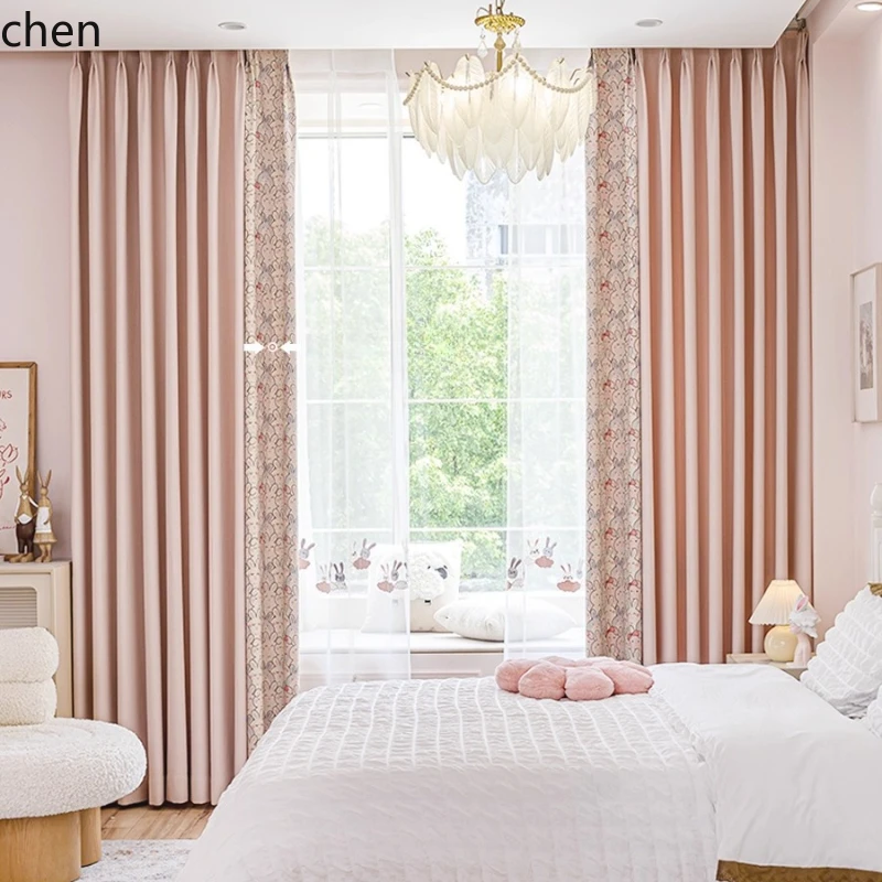 

HXL Custom Pink Curtains for Bedroom Blackout Chenille Cartoon Sheer Curtains