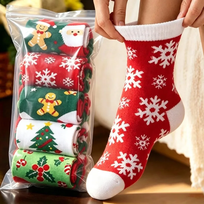 New Christmas Themed Socks Family Winter Warmth Mid Length Tree Snowflake Pattern Socks Thickened Charm Xmas Socks Hot Selling