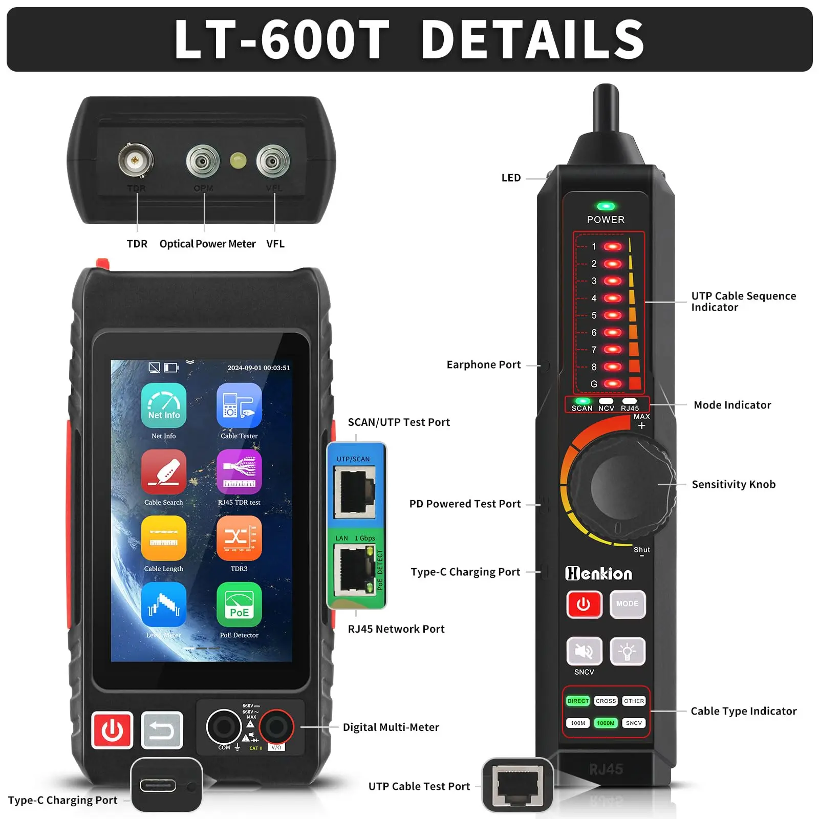 

LT-600 Network Cable Tester Line finding RJ45 LAN PoE Tester with IP Scan TDR Cable Length Measurement Network cable maintenance