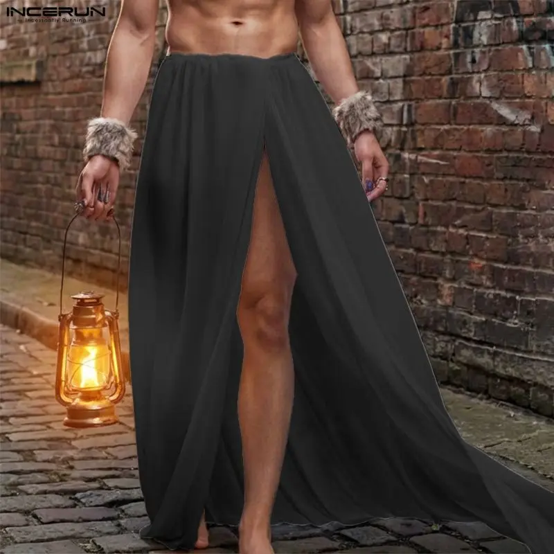 INCERUN Men Skirts Solid Color Elastic Waist Joggers Loose Casual Men Bottoms Steetwear Split Side 2026 Personality Male Skirts