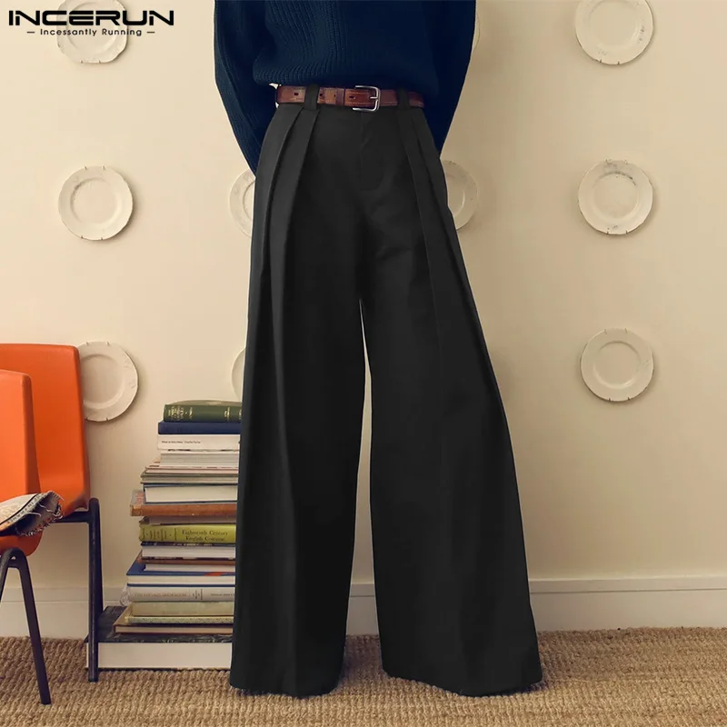 INCERUN Men Wide Leg Pants Solid Color Button Joggers Loose Pleated Casual Trousers Men Streetwear 2024 Fashion Long Pants S-5XL