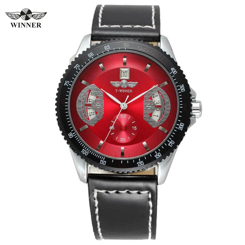 WINNER Fashion Military Automatic Watch for Men Calendar Window Red Dial Casual Black Leather Strap Business Mechanical Watches