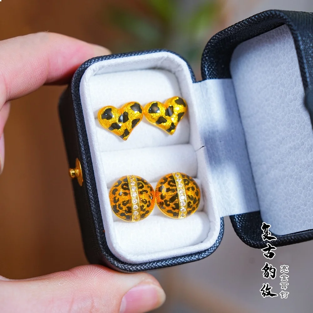 QEENKISS 24KT Gold Heart Oval Leopard Print Autumn Winter Stud Earrings For Women Wedding Party Birthday Christmas Gifts EG5579