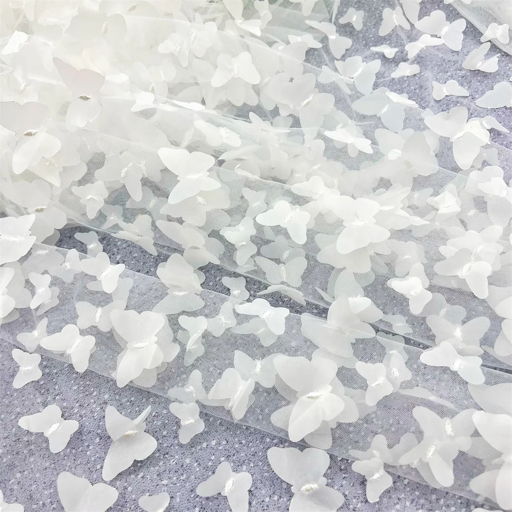 130cm Wide Green 3D Butterfly Embroidered Tulle Fabric Laser-Cut Mesh for Children's & Women's Dresses and Evening Gowns F046