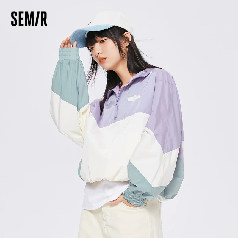 Semir 2023 Women Jacket St-up Collar Top Color-blocking Oversized Retro Mesh Stitching Coat Sweet Cool Jacket for Women