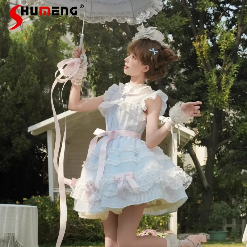 

Kawaii Japanese Lolita Doll Feeling Tiered Cake Dress Satin Ribbon Bowknot Cream Sweet Princess Dresses Women's Fashion Outfit