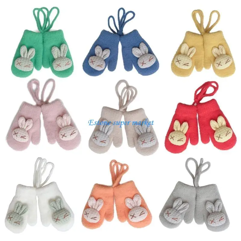 

090B 1 Pair Toddlers Thicken Plush Warm Full Finger Gloves Baby Cartoon Animal Bunny Winter Mittens with String Hand Warmer for