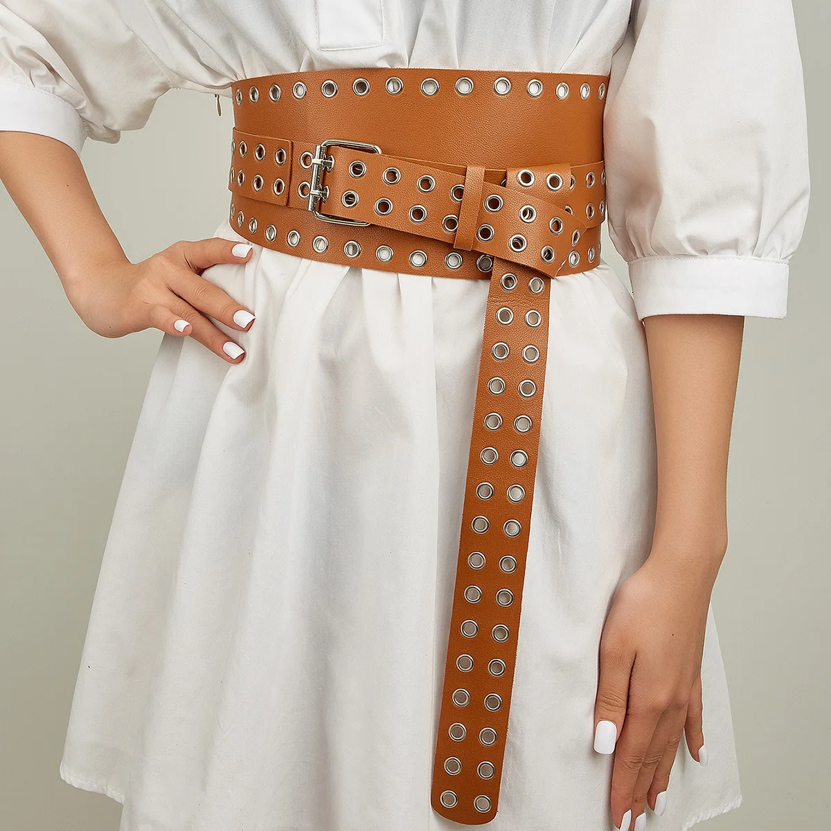 

Punk Rivet Waistband Belts For Women Fashion Wide Waist Girdle Pu Leather Asymmetric Waist Belt Dress Shirt Waist Seal