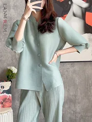 LANMREM 2024 Spring New Pleated Breasted Stand Collar Shirt Women Solid Color Loose Cardigan Casual Top Female Fashion 2W827